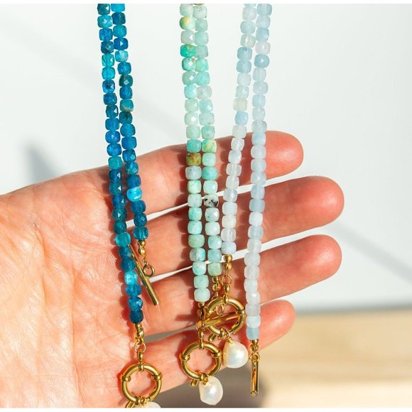 Blue Apatite Gemstone Necklace Gold Toggle Clasp Removable Baroque Pearl Genuine - Picture 11 of 14